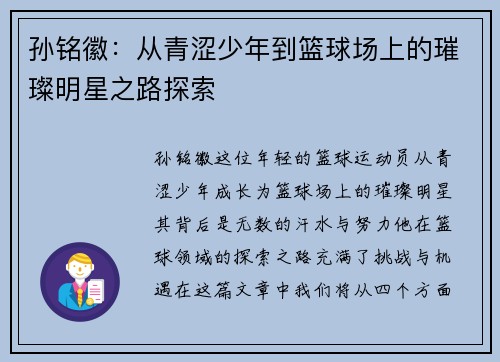 孙铭徽：从青涩少年到篮球场上的璀璨明星之路探索