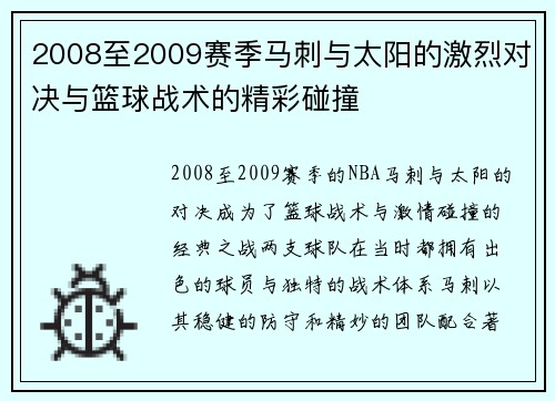 2008至2009赛季马刺与太阳的激烈对决与篮球战术的精彩碰撞